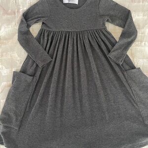 Remie Girl Long Sleeve Charcoal Ribbed Pocket Dress twirl soft cozy made in USA